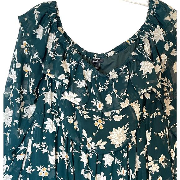 Torrid Off the Shoulder Skater Dress Women's Size 1X Green Floral Bardot Boho - Picture 3 of 10